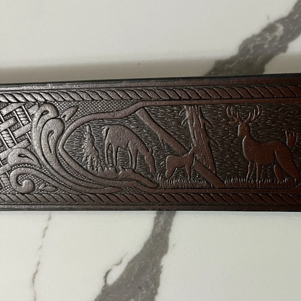 Genuine Leather Tooled Dark Brown Western Belt Deer in Forest Silver Tone Buckle